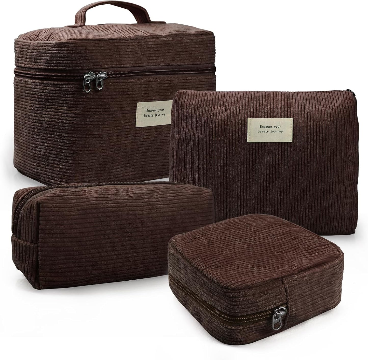 4 Pcs Makeup Bag for Women Corduroy Cosmetic Bag Aesthetic Cute Bags Multi Size Purse Pouch Travel Toiletry Bag Set Makeup Organizer with Zipper(Brown)