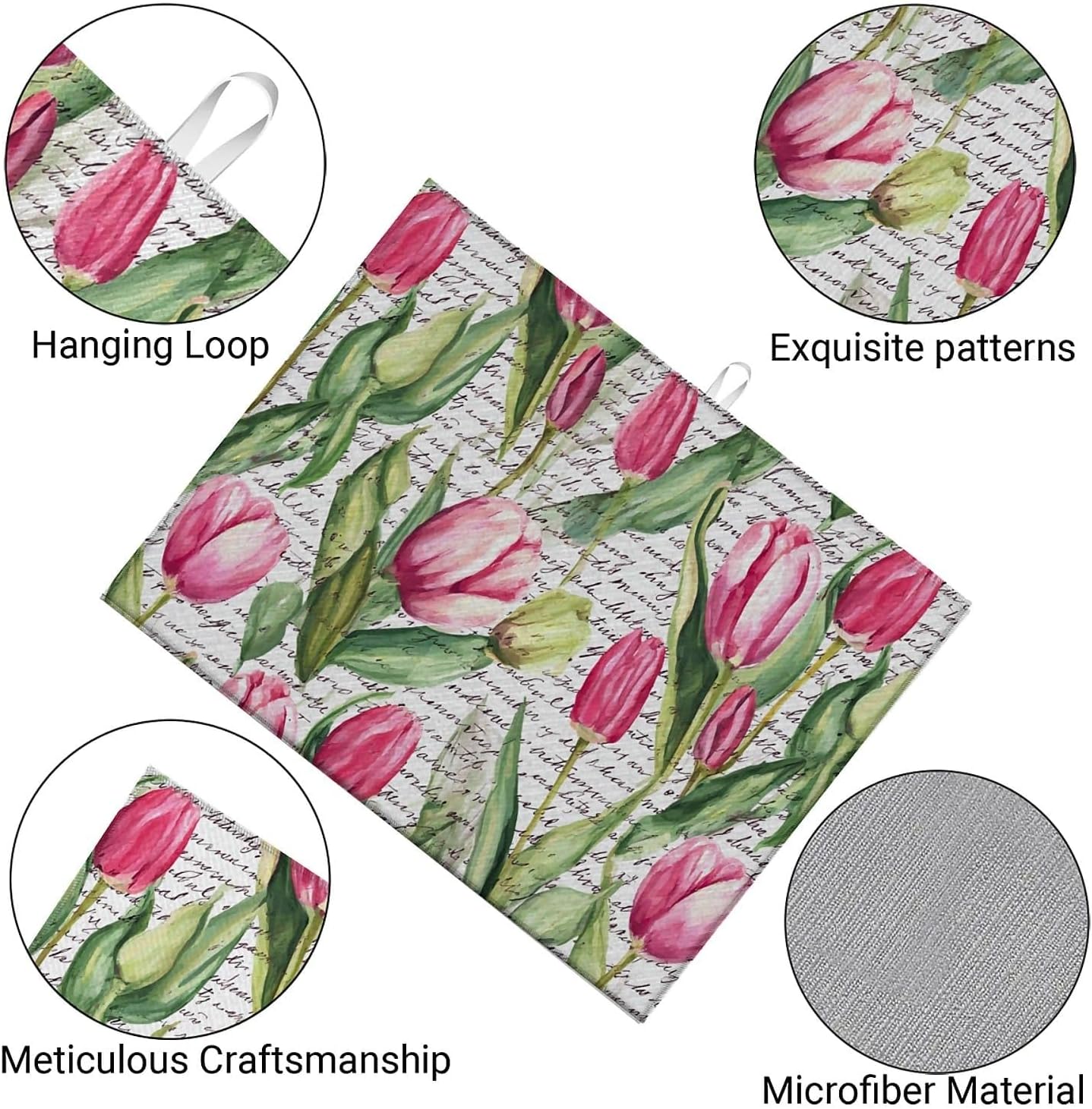 Dish Drying Mat For Kitchen Counter, Pink Tulip Flowers Text Microfiber Absorbent Dish Drainer Rack Pad Reusable Large 18x24in Drying Mat