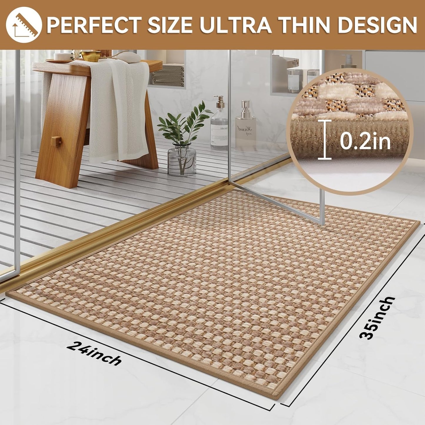 Non Slip Bath Mat Bathroom Rugs, Soft Braided Ultra Thin Bath Mats, Super Absorbent Quick Dry Bath Rug Shower Mat, Rubber Backing, Fit Under Door Bathroom Floor, Machine Washable, Brown 24"x35"