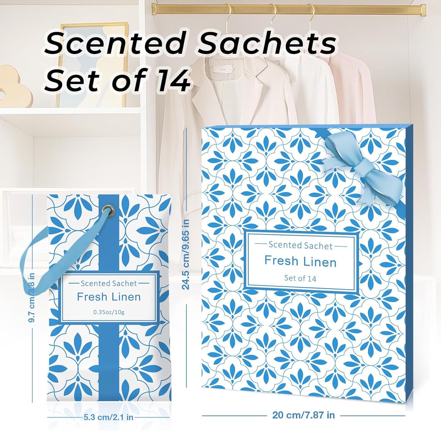 SCENTORINI Linen Scented Sachets for Drawers and Closets, 14 Packs, Long-Lasting Sachets Bags Wardrobe Freshener, for Drawers, Closets, Cars