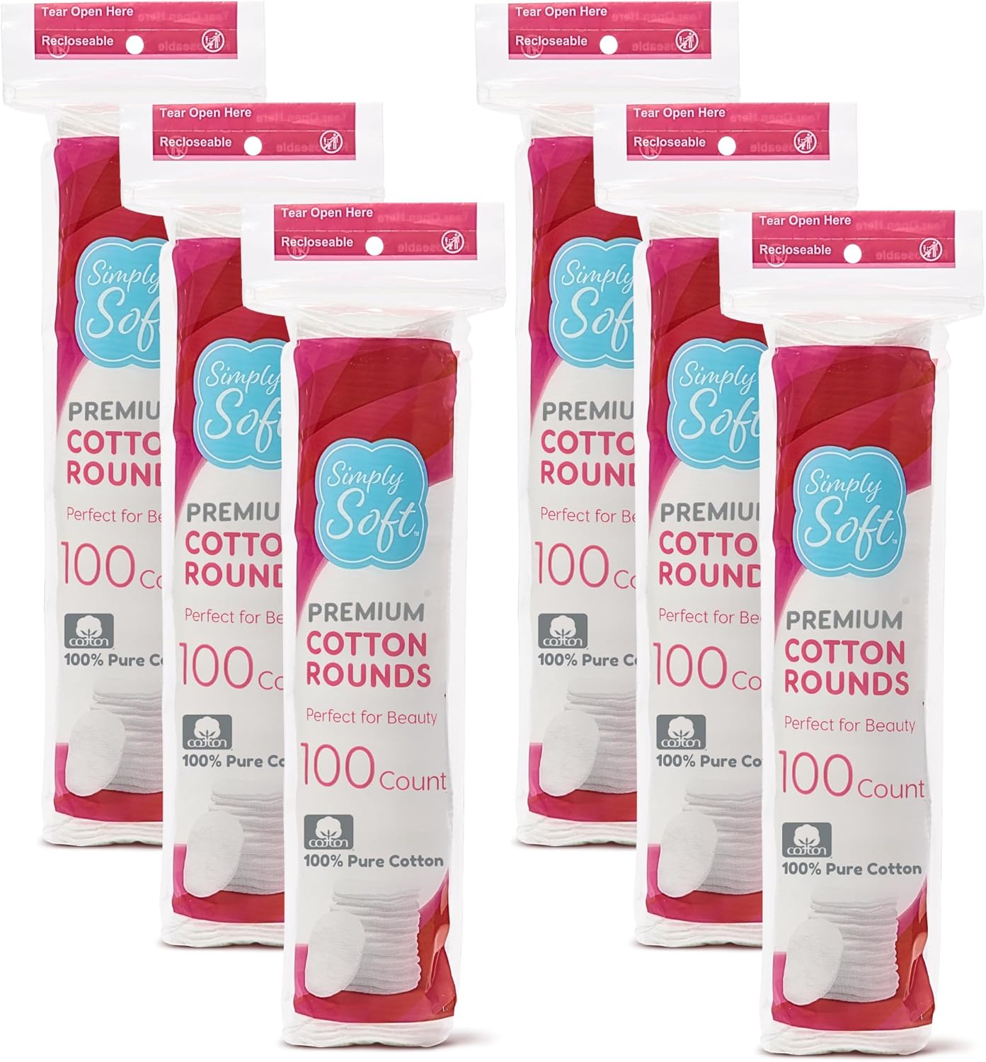 Simply Soft Premium Cotton Rounds, 100% Pure Cotton, Absorbent Cotton Pads, 100 Count (Pack of 6)