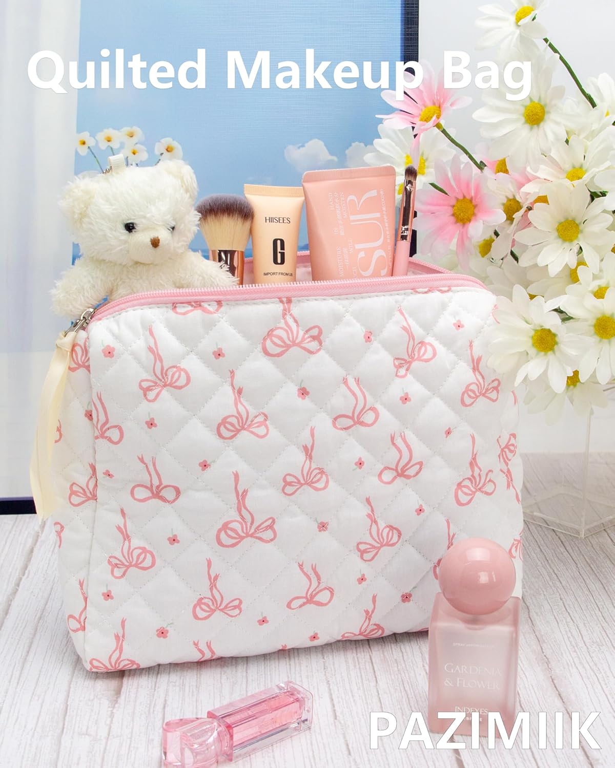 Quilted Makeup Bag Large Travel Zipper Soft Cosmetic Pouch for Women Girls Make Up,Bow Pink