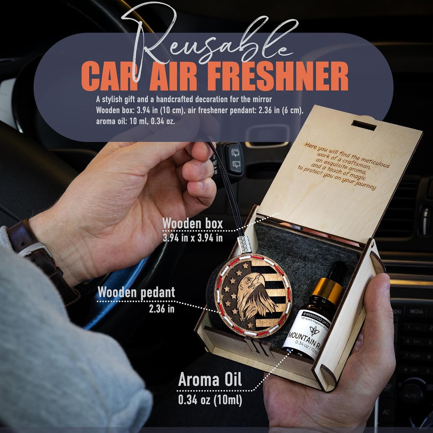 Wood Car Air Freshener — Handcrafted Air Freshener — American Flag Hanging Fragrance Oil Diffuser in Wooden Gift Box — Christmas Gift for Car with Mountain Rain Fragrance Oil - 10 ml