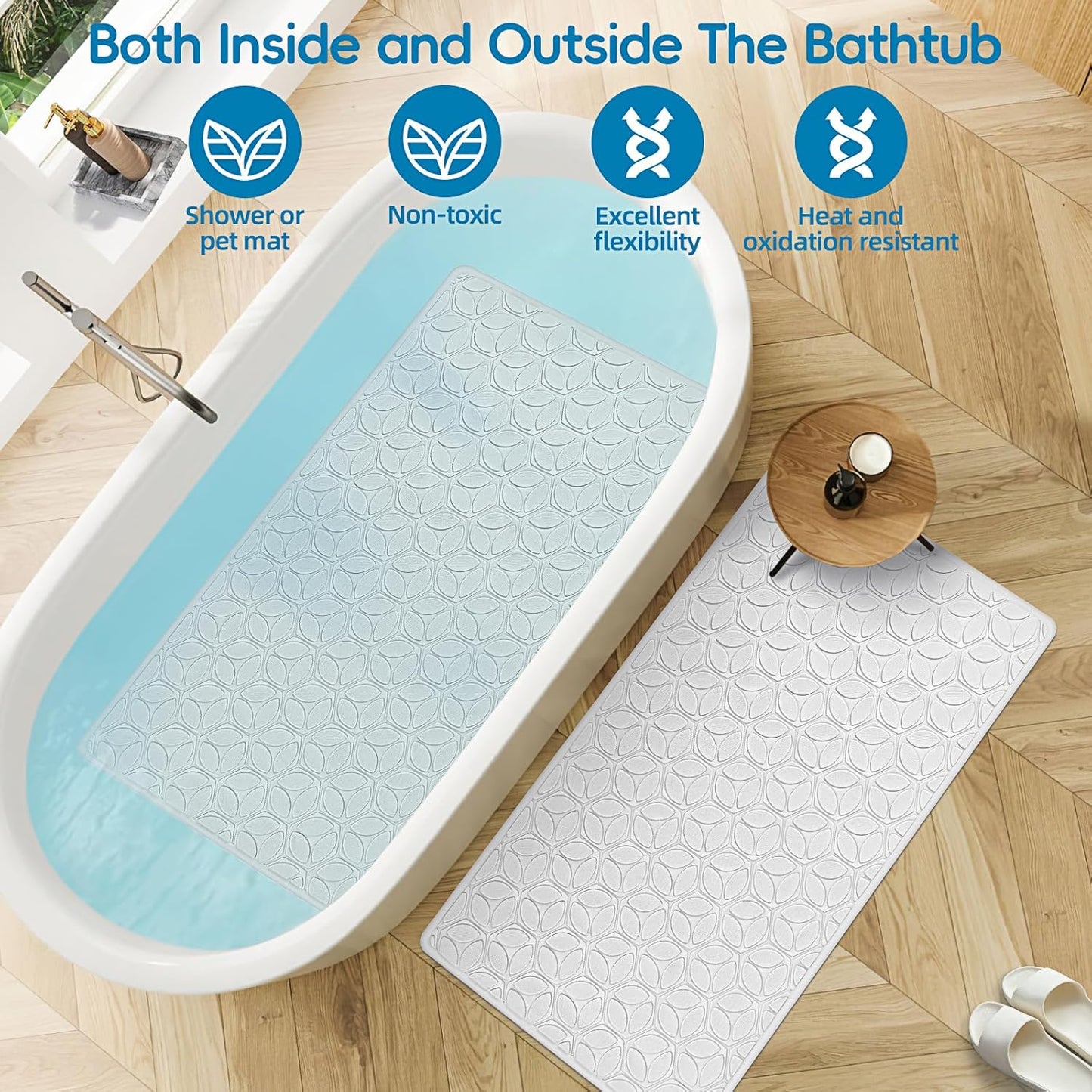 WRISIN Bathtub Mat Non Slip with Suction Cups - 100% Rubber Bathroom Mat Textured for Bath Tub Shower Safety - Soft on Touch - BPA/PVC Free - Pet Dog Bath Mat - Machine Washable - 17 × 35 Inch（White）