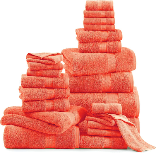 Lane Linen 100% Cotton Bathroom Towel Set - 24 Pc - Ring Spun, Quick Dry, Soft & Absorbent - 2 Bath Sheets, 4 Fingertip, 4 Bath, 6 Hand Towels, 8 Washcloths - Machine Wash in Cold Water - Living Coral