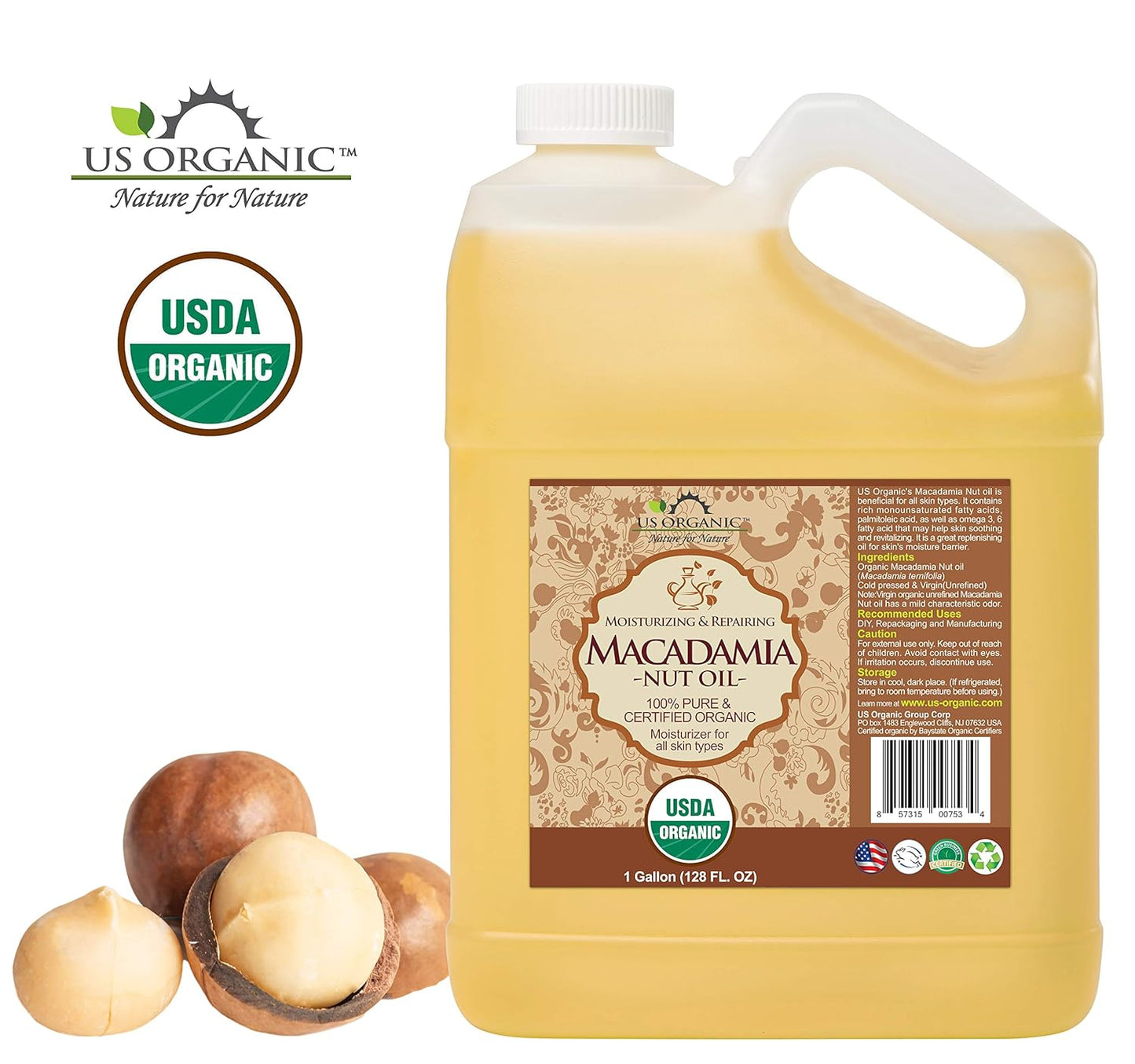 US Organic Macadamia Nut Oil Unrefined Virgin, Certified Organic, Pure & Natural, Cold Pressed, Size for DIY and small manufacturers (128 oz (1 Gallon))