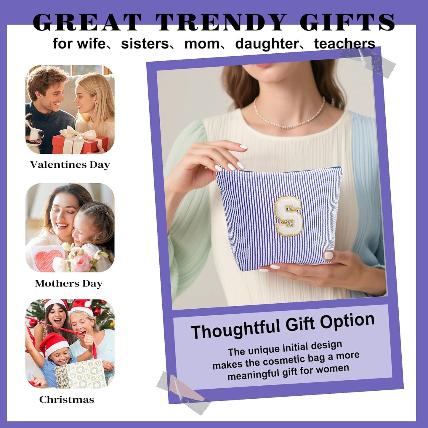 Initial Cosmetic Bag Set - Travel Bag Makeup Pouch, Makeup Bag with Zipper Make up Kit Preppy Stuff Birthday Gifts for Women Travel Essentials Travel Bag, Blue Letter M