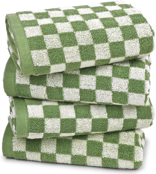 Green Hand Towels for Bathroom Set of 4 - Cute Checkered Bathroom Towels for Kitchen Decor, Lightweight for Bath Face Body