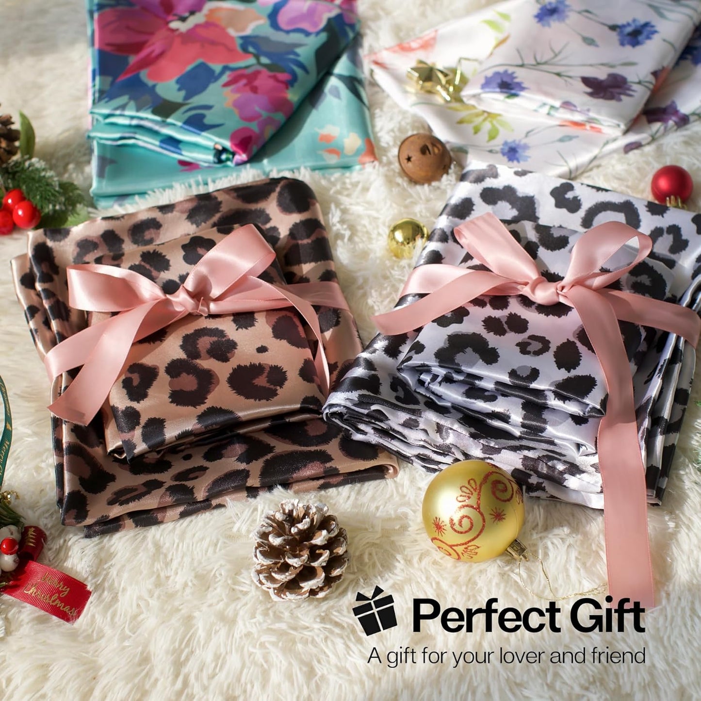 MR&HM Satin Body Pillow Cover, Soft and Breathable Body Pillow Case with Envelope Closure, Cooling and Silky Long Pillowcase for Hair and Skin,Grey (20x54, Brown Leopard)