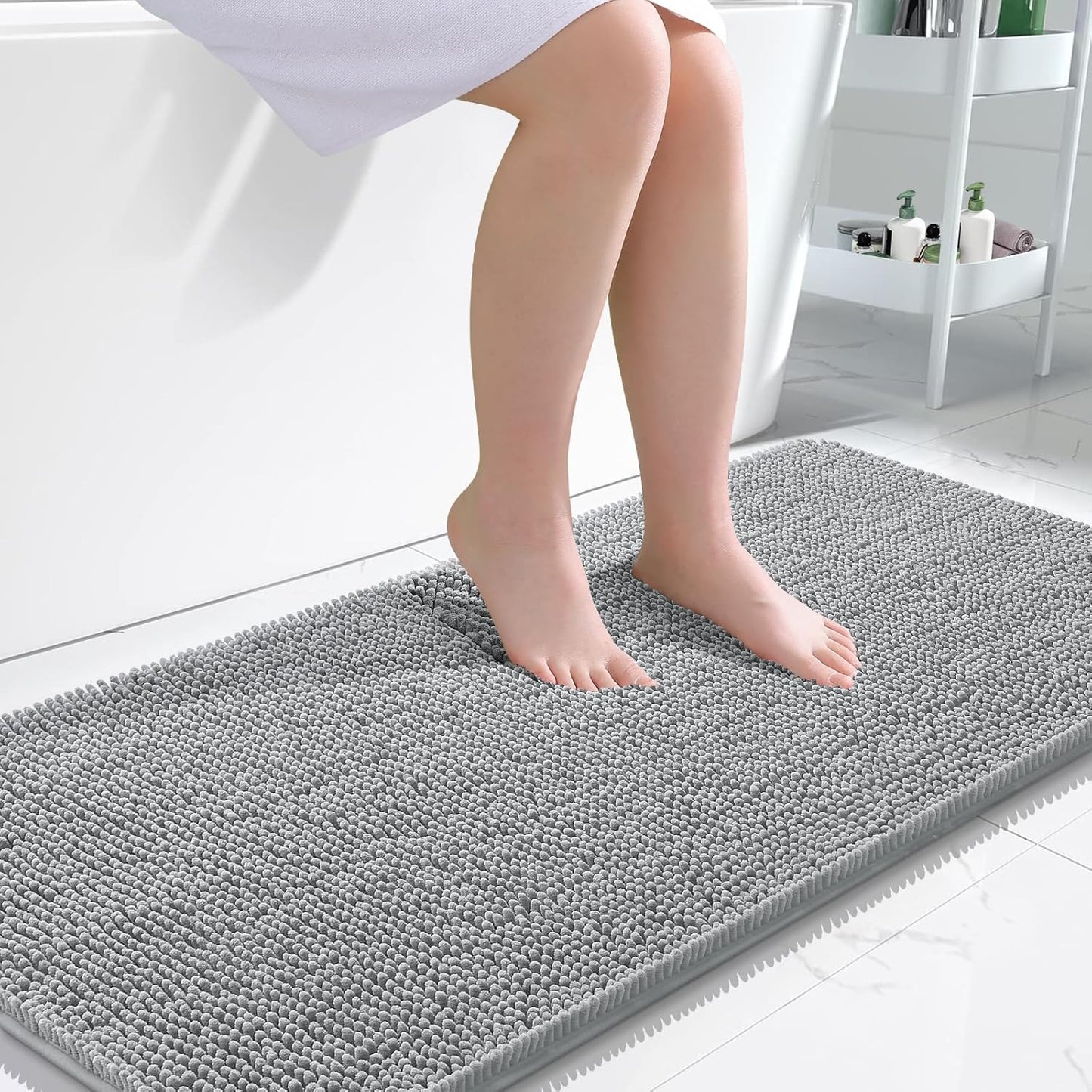 OLANLY Bathroom Rugs 47x24, Extra Soft Absorbent Chenille Bath Rugs, Rubber Backing Quick Dry, Machine Washable Bath Mats for Bathroom Floor, Tub and Shower, Home Decor Accessories, Light Grey