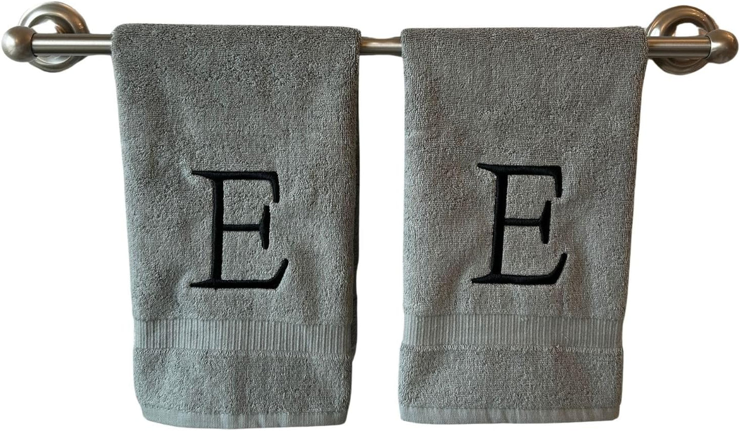 Gray Initial Hand Towel for Bathroom - Monogrammed Luxury Hotel Quality Decorative Embroidered Towel for Powder Room, Spa - GOTS Organic Certified - Set of 2 Black Letter E