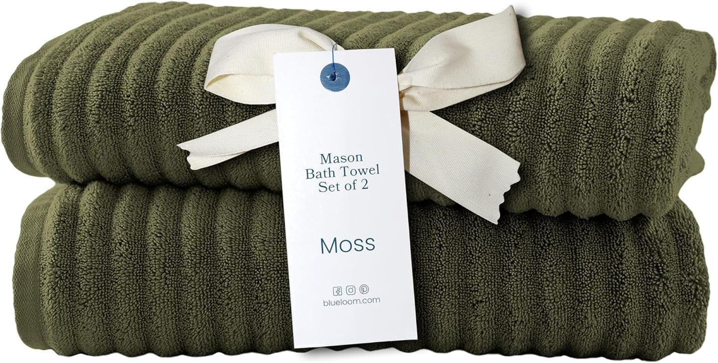 Blue Loom Ribbed Bath Towels Set, 100% Cotton 600 GSM, Soft Absorbent Durable Quick Drying 2 Bath Towels for Bathroom - Mason Set of 2 Moss Green (58" x 30" Inch)