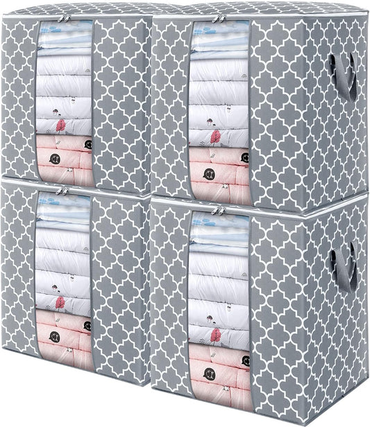 WISELIFE Storage Bags 4 Pack/100L Large Blanket Clothes Organization and Storage Containers for Comforters,Bedding, Foldable Organizer with Reinforced Handle, Clear Window, Sturdy Zippers,Light Gray
