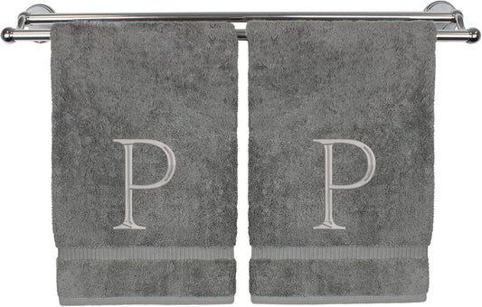 Monogrammed Hand Towel, Personalized Initial Gift, Extra Absorbent 100% Turkish Cotton - Soft Terry Finish - Set of 2 - Silver Block Initial P - Embroidered on Grey Towels