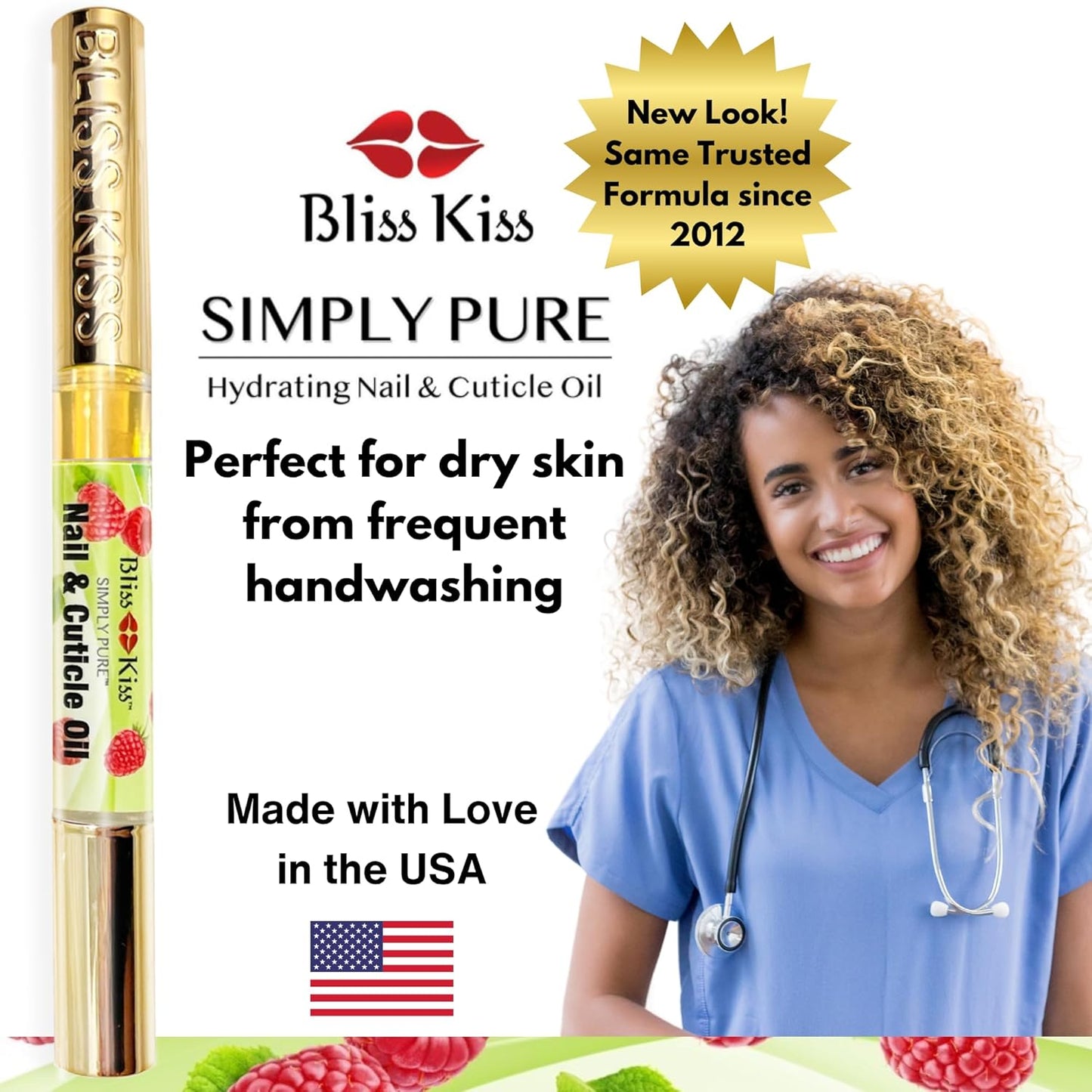 Bliss Kiss | 1 Juicy Raspberry Fragrance | Nail Oil Cuticle Pen w/Vitamin E & Jojoba⏤Nail Strengthener Nail Growth Serum for Brittle Peeling Breaking Thin Nails