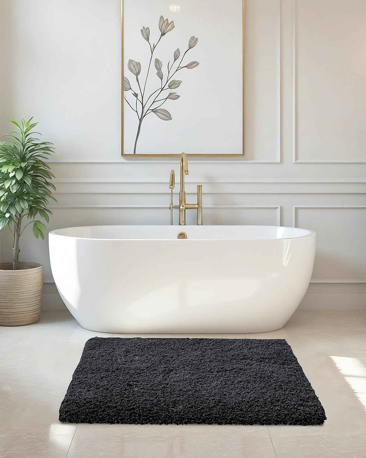ILANGO Black Bathroom Rugs 36" × 24" Non Slip & Super Absorbent Extra Thick Soft, Washable Bath Mat for Floor, Microfiber Plush Shaggy Bath Rug with Rubber for Bathtub Shower Room Sink