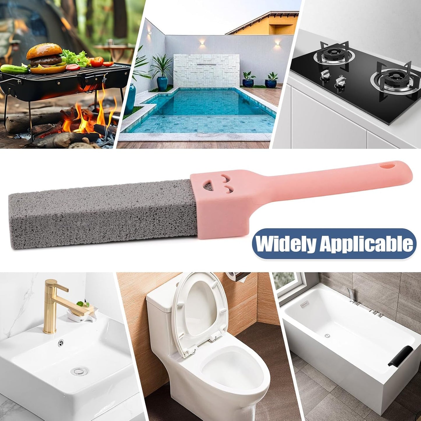 Navona 8 Pack Pumice Stone Scouring Sticks with 2 Universal Handles, Grey Pumice Stone Cleaner for Cleaning Toilets, Bathrooms, Kitchens, Spas and Pools