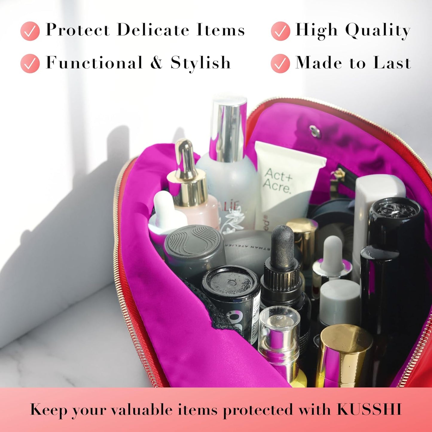 KUSSHI Washable Travel Makeup & Cosmetic Bag - Brush Organizer Sold Separately (Vacationer, Candy Apple Red/Pink)