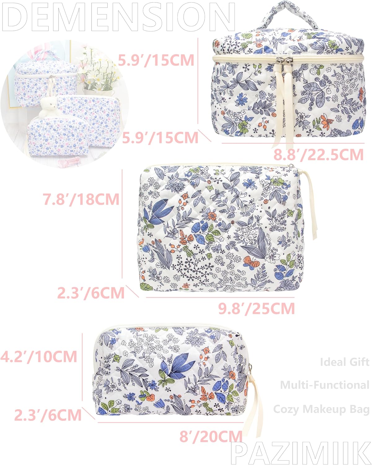 PAZIMIIK 3PCS Makeup Bag SET Large Travel Quilted Zipper Soft Cosmetic Case Pouch for Women Girls Make Up,Leaf White