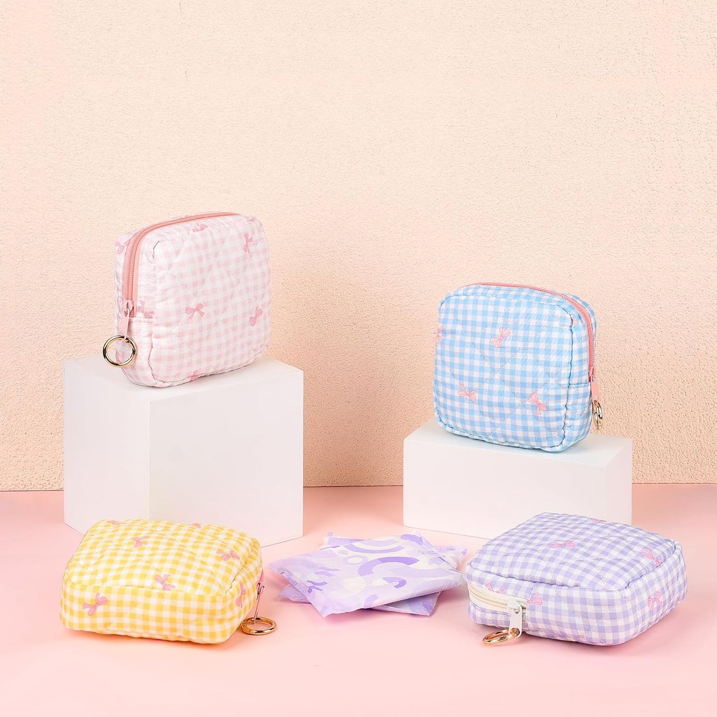 Period Bag for Teen Girls, Quilted Sanitary Napkin Storage Bag, Cute Bow Tie Menstrual Pad Pouch Tampon Holder (Plaid Yellow)