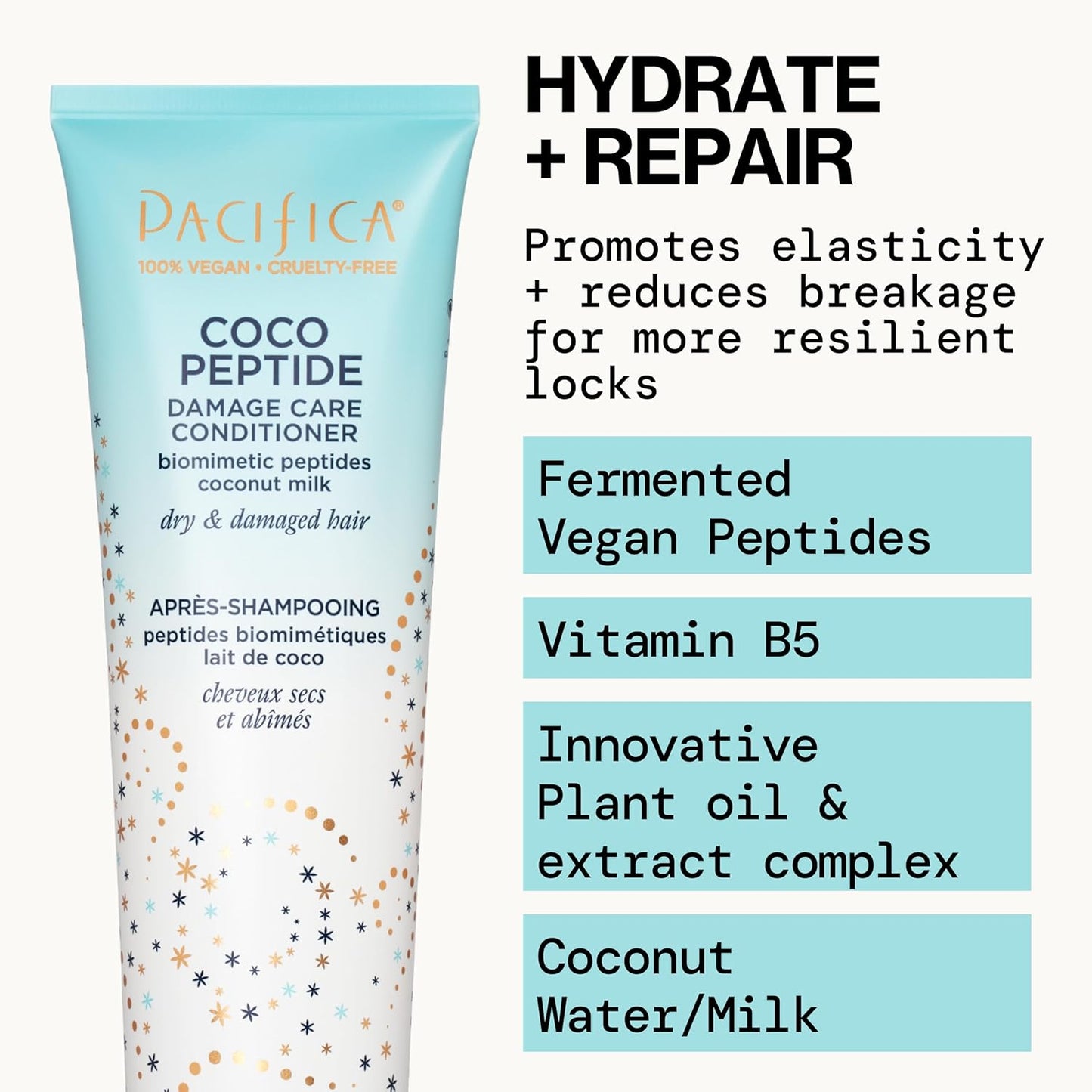 Pacifica Coco Peptide Damage Care Shampoo & Conditioner Set – Repairing Hair Care for Dry Damaged Hair Vegan Collagen & Peptides for Split Ends & Breakage Sulfate Free Clean Vegan Dermatologist Tested