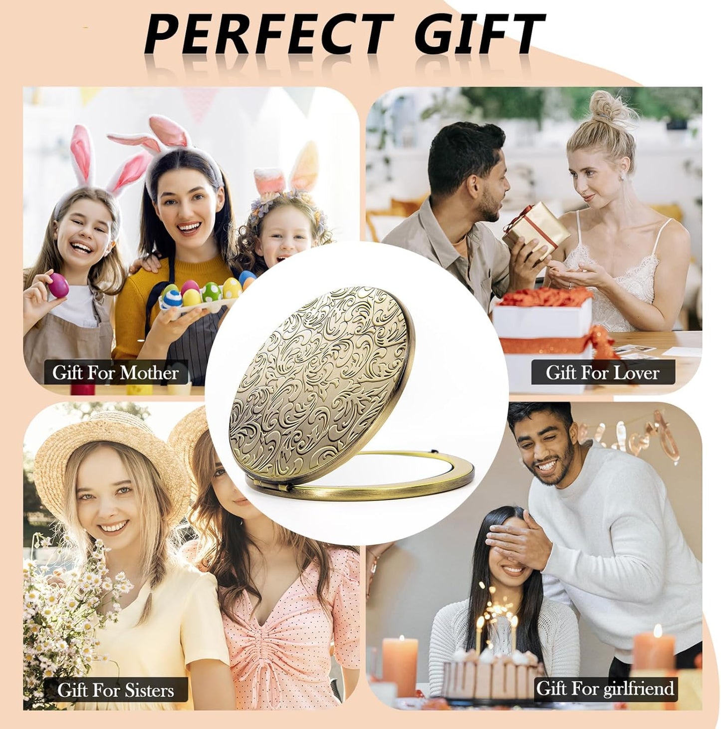 Portable Compact Metal Folding Makeup Mirrors, Beautiful and Elegant,1X/2X Magnifier. (Bronze)