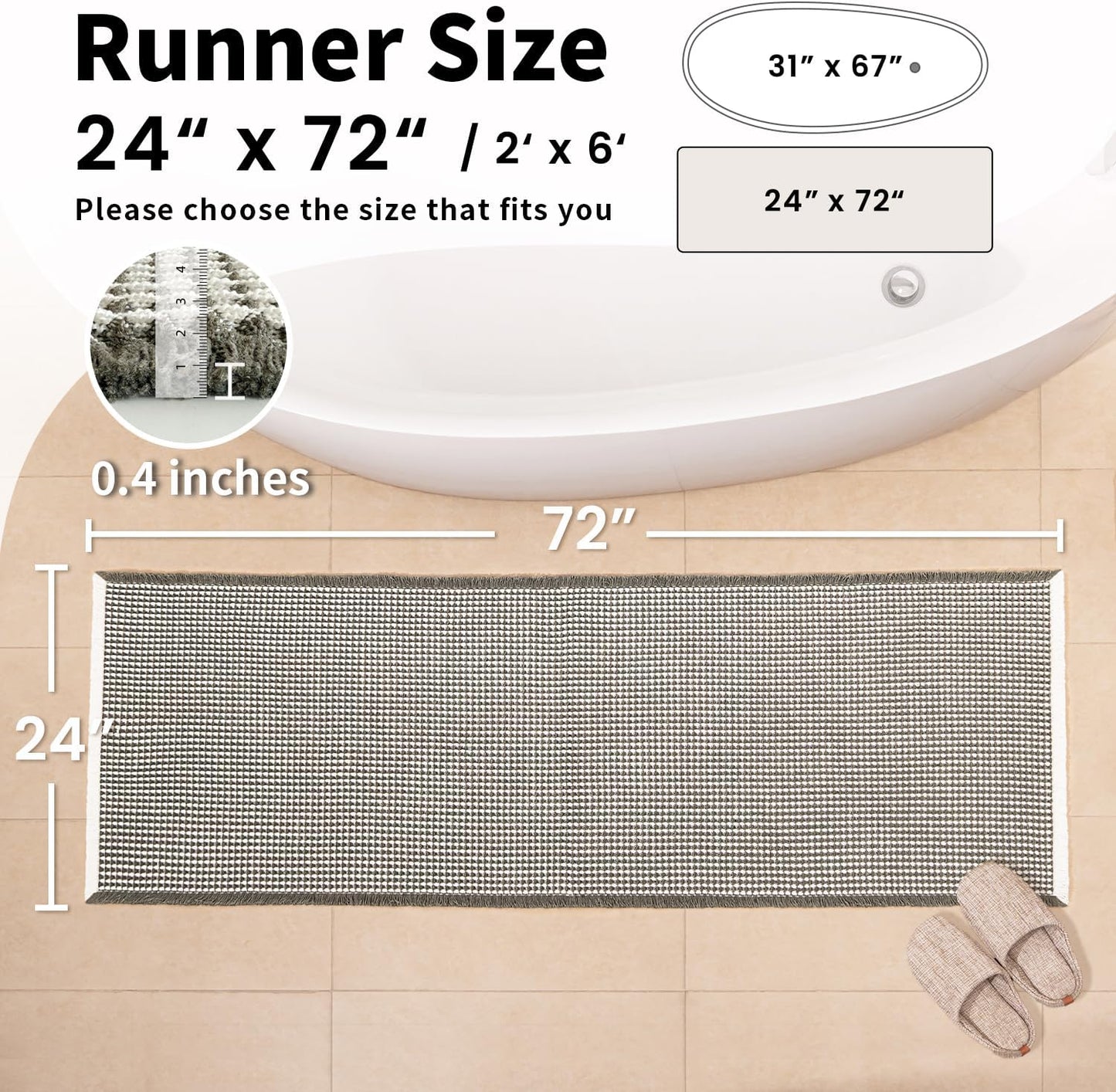 Waffle Runner Bath Mat - Long Boho Bathroom Rugs Non Slip Washable, Super Absorbent & Quick Dry, Soft Bath Mat Farmhouse Bathroom Decor, 24'' x 72'', Olive Green and White