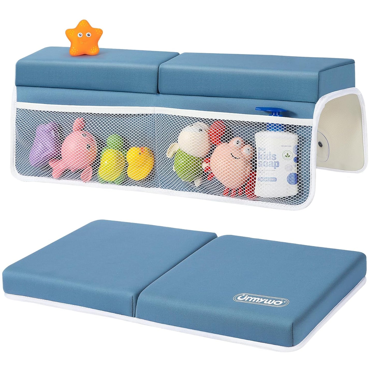 URMYWO Bath Kneeler and Elbow Rest Pad Set - 1.5" Thick Baby Bath Kneeler Pads with Toys Organizer, Anti-Slip Cozy Knee & Arm Support Bathtub Mat, Quick Dry Kneeling Pad for Baby Bath Time