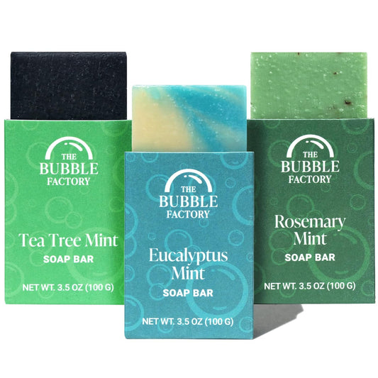 The Bubble Factory Handmade Natural Bath & Body Soap Bar, Vegan, All-Natural, Palm Oil Free, Made in USA with Shea Butter + Essential Oils, Eucalyptus Mint/Rosemary Mint/Tea Tree Mint, 3 Bars