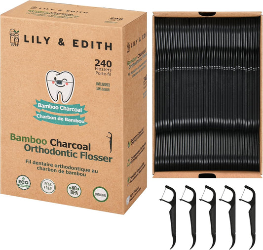 LILY & EDITH Orthodontic Flossers for Braces for Adult & Kid, 240 Count, Ortho Dental Floss Picks, Fluoride & Chemical Free, Fits Under Arch Wire, Bamboo Charcoal Flosser Remove Plaque, Unflavored