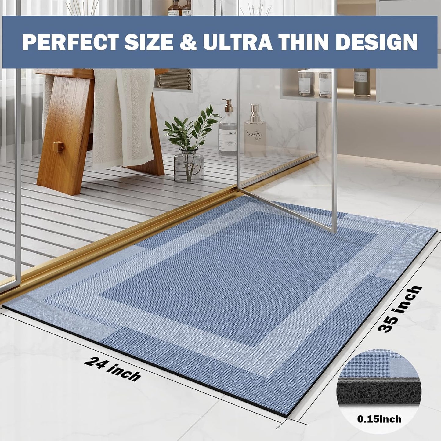 Non Slip Bath Mat, Rubber Backing Ultra Thin Bathroom Rugs Fit Under Door Quick Dry Super Absorbent Washable Bath Rug Shower Mat for Bathroom Floor Bathtub Shower Sink, Easy Care Blue 24"x 35"