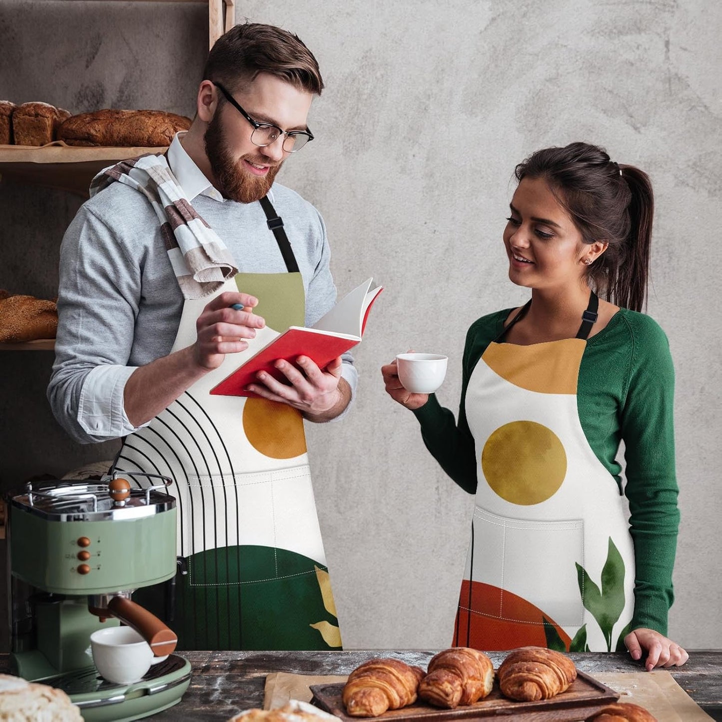 Britimes 2 Pack Aprons, Boho Mid Century Sun Adjustable Bib Aprons with 2 Pockets for Women Men Couple Lovers Chef Home Kitchen Cooking Baking Gardening Orange Green Apron 32x28 Inches