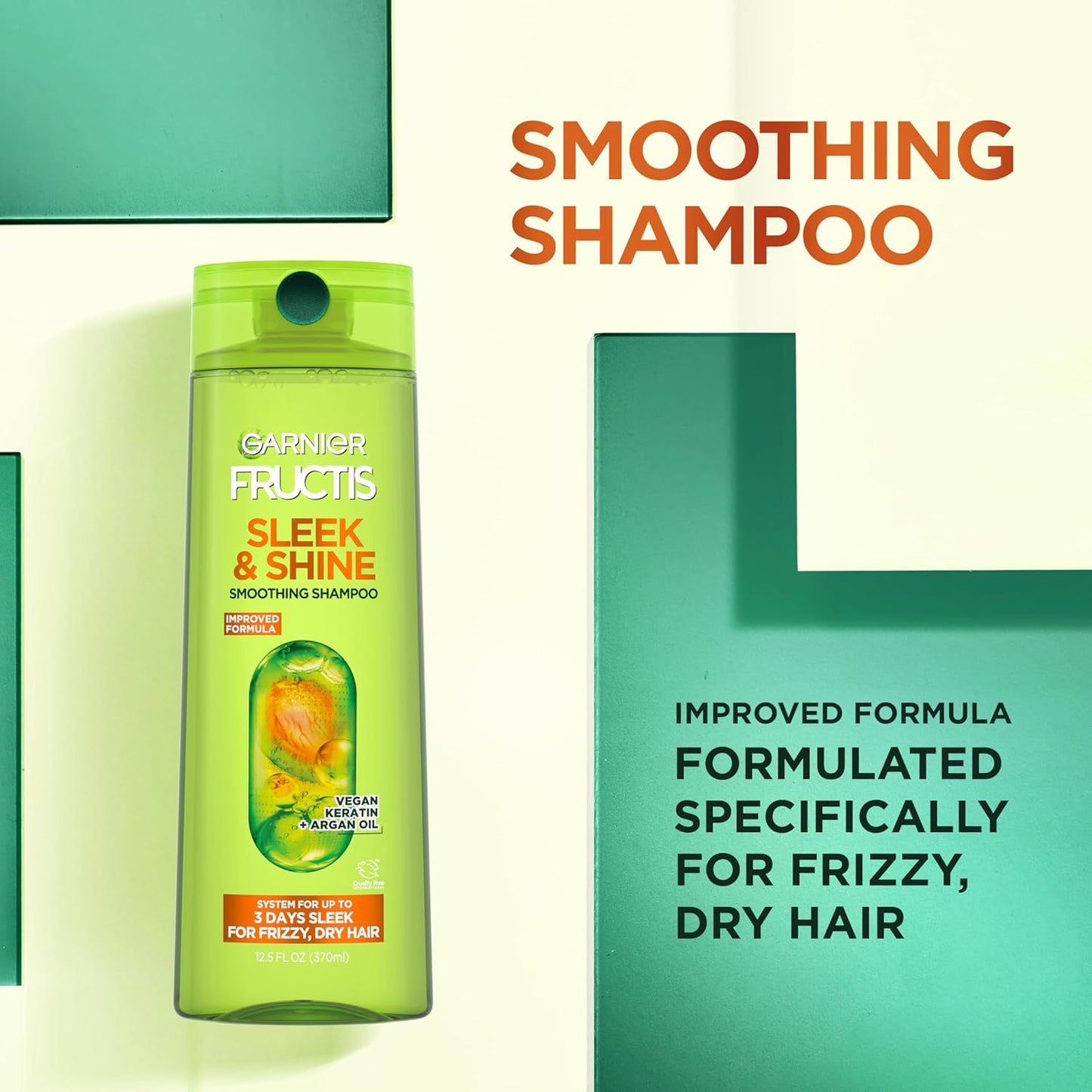 Garnier Fructis Sleek & Shine Shampoo, Conditioner + Leave-In Conditioner Set for Frizzy, Dry Hair, Plant Keratin + Argan Oil (3 Items), 1 Kit (Packaging May Vary)