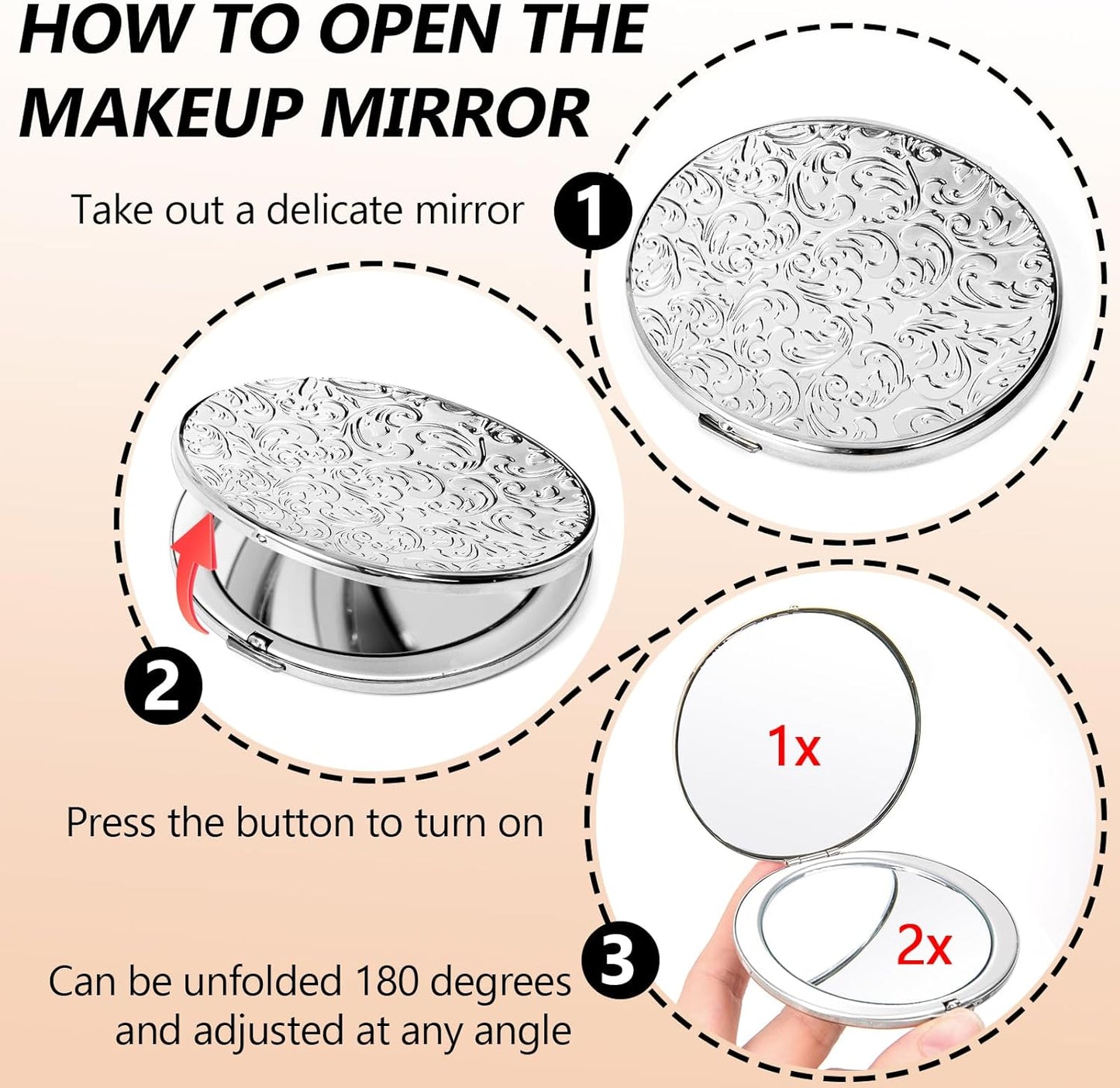 Portable Compact Metal Folding Makeup Mirrors, Beautiful and Elegant,1X/2X Magnifier. (Silver)