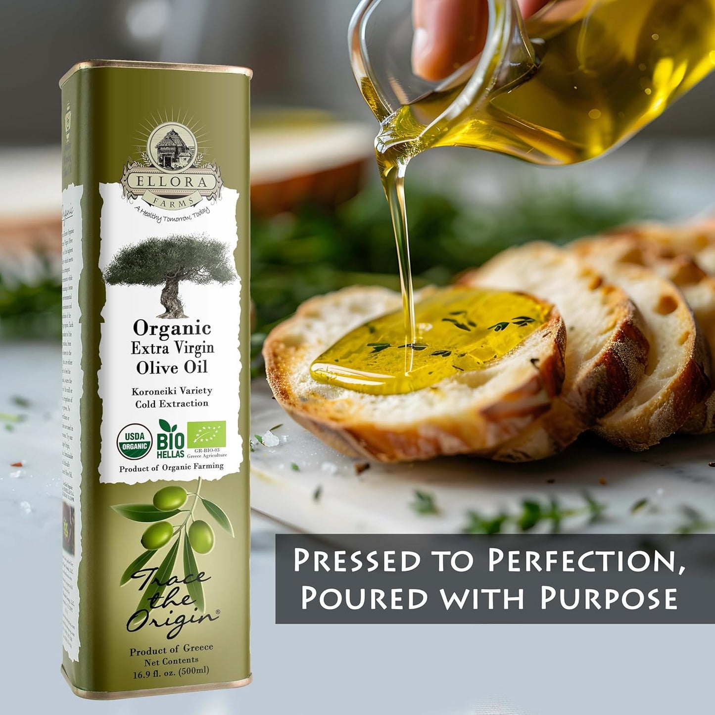 Ellora Farms, Extra Virgin Olive Oil, Organic Cold Press, Traceable Single Origin Olive Oil, Kosher, 17 oz. tin