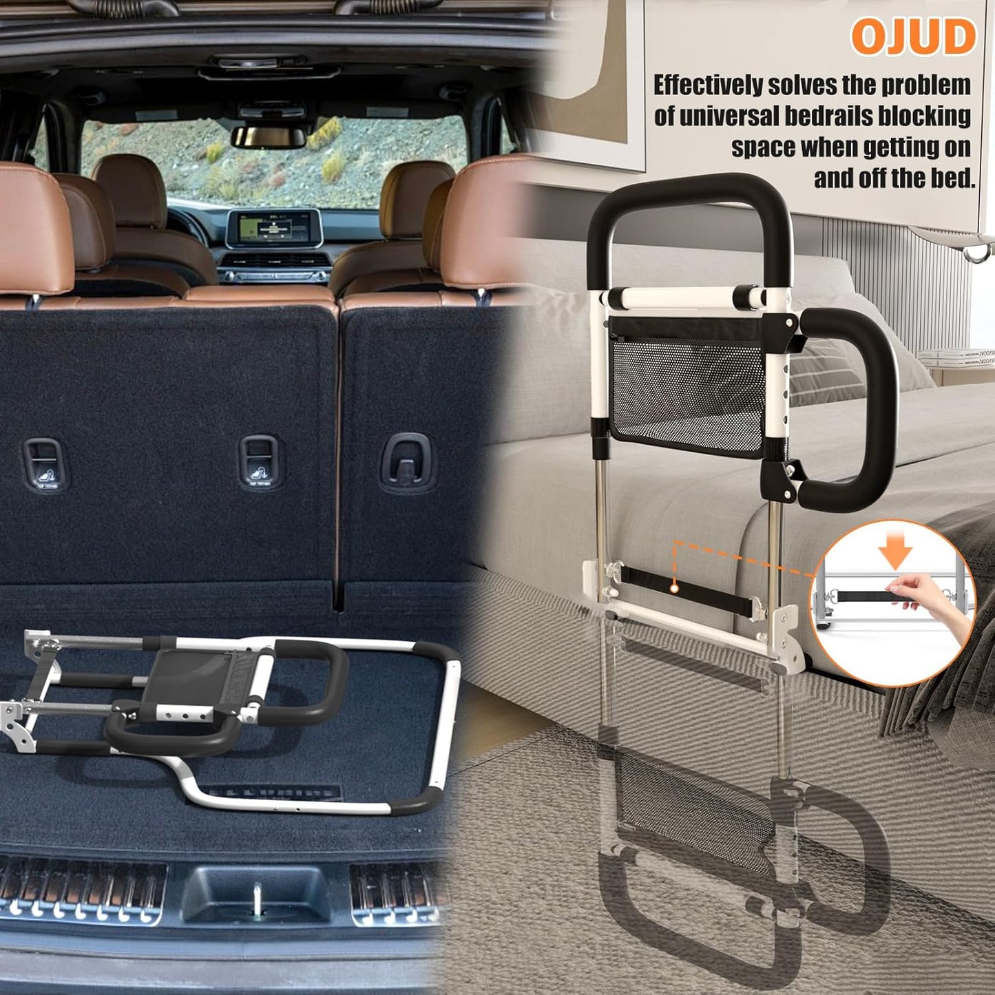 Foldable Bed Rails for Elderly Adults Safety with LED Night Light and Three Storage Pockets, Adjustable Bed Assist Rails for Seniors,Portable & Sturdy Grab Bar Bed Cane for King/Queen/Full/Twin(L)