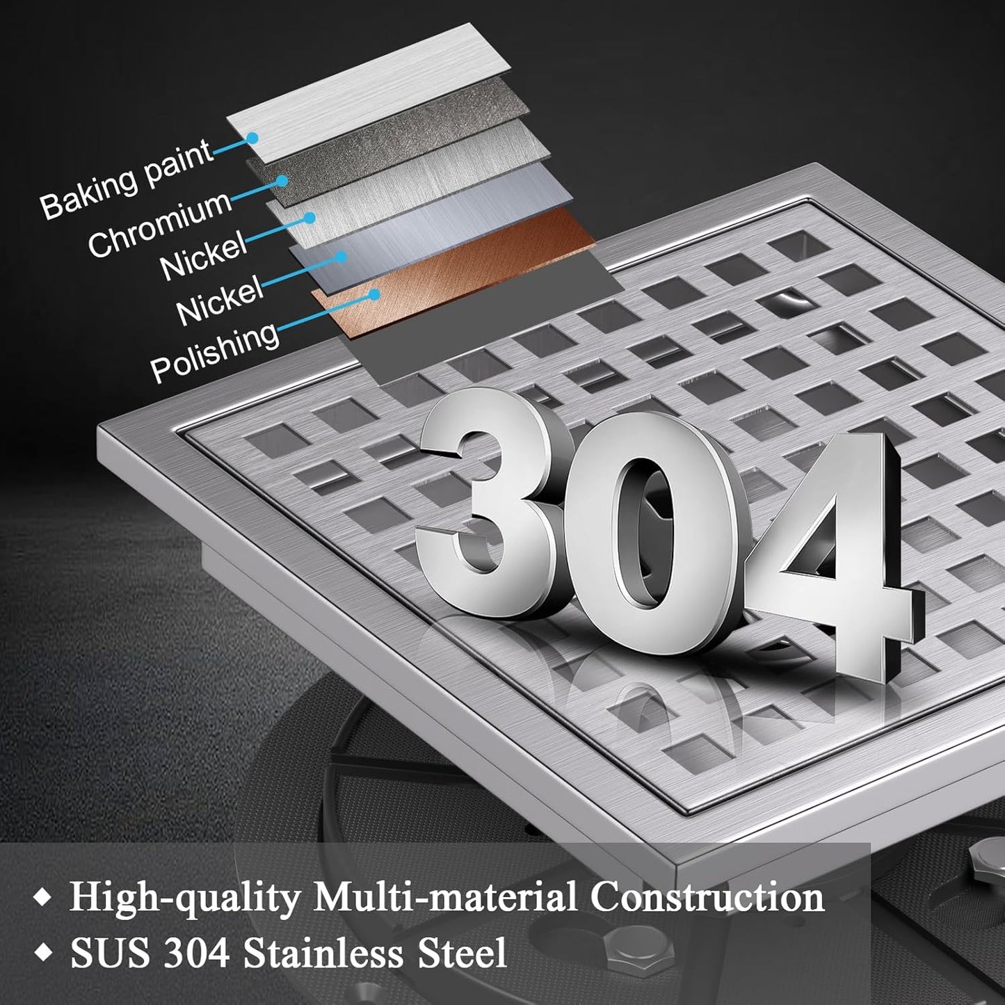 Square Shower Floor Drain with Flange, 6 Inch Brushed Nickel Shower Drain Hair Catcher, SUS304 Stainless Steel Floor Drain Strainer, Shower Drain Cover