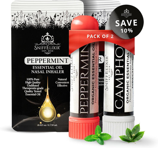 2 Pack Camphor Nasal Stick + Peppermint Nasal Inhalers – Aromatherapy Inhaler Sticks for Cough, Motion Sickness, Nausea Stick, Headaches and Migraines – Portable Nasal Inhalers for Adults