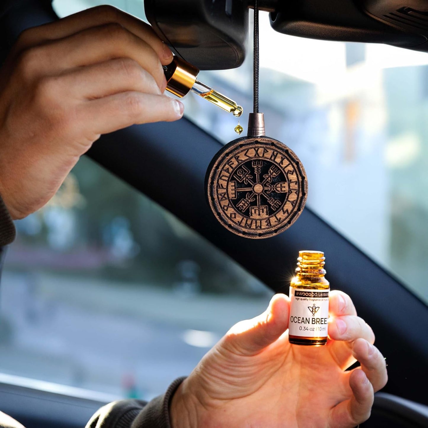 Wood Car Air Freshener — Handmade Car Air Freshener — Vegvisir Designed Fragrance Oil Diffuser in Wooden Gift Box — Aromatherapy Gift Set with Mountain Rain Fragrance Oil - 10 ml