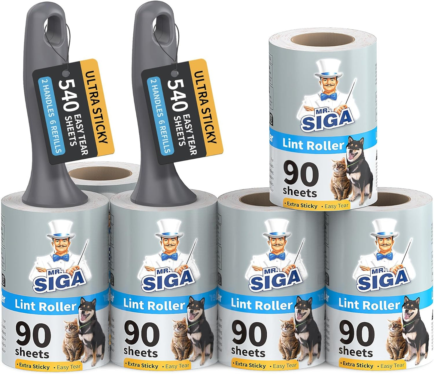 MR.SIGA Lint Rollers for Pet Hair Extra Sticky, 540 Sheets, Lint Remover for Clothing, Furniture, Pet Hair Remover with Easy Tear Sheets