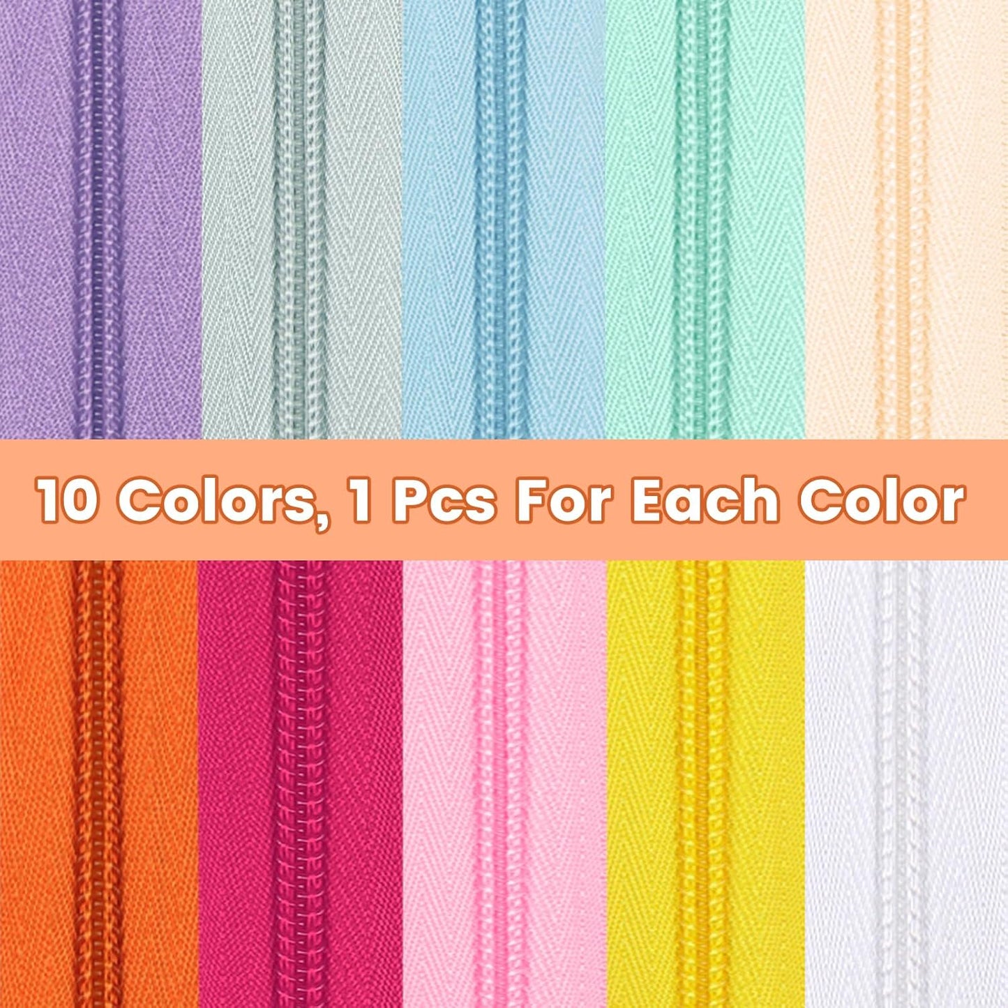 DOITEM 22.2 Yards/ 20 m 10 Pieces Assorted Colors #5 Nylon Coil Zippers, Sewing Zippers Endless Zips with 40 Pieces Zipper Sliders Zip Heads for Sewing Tailor Craft Supplies