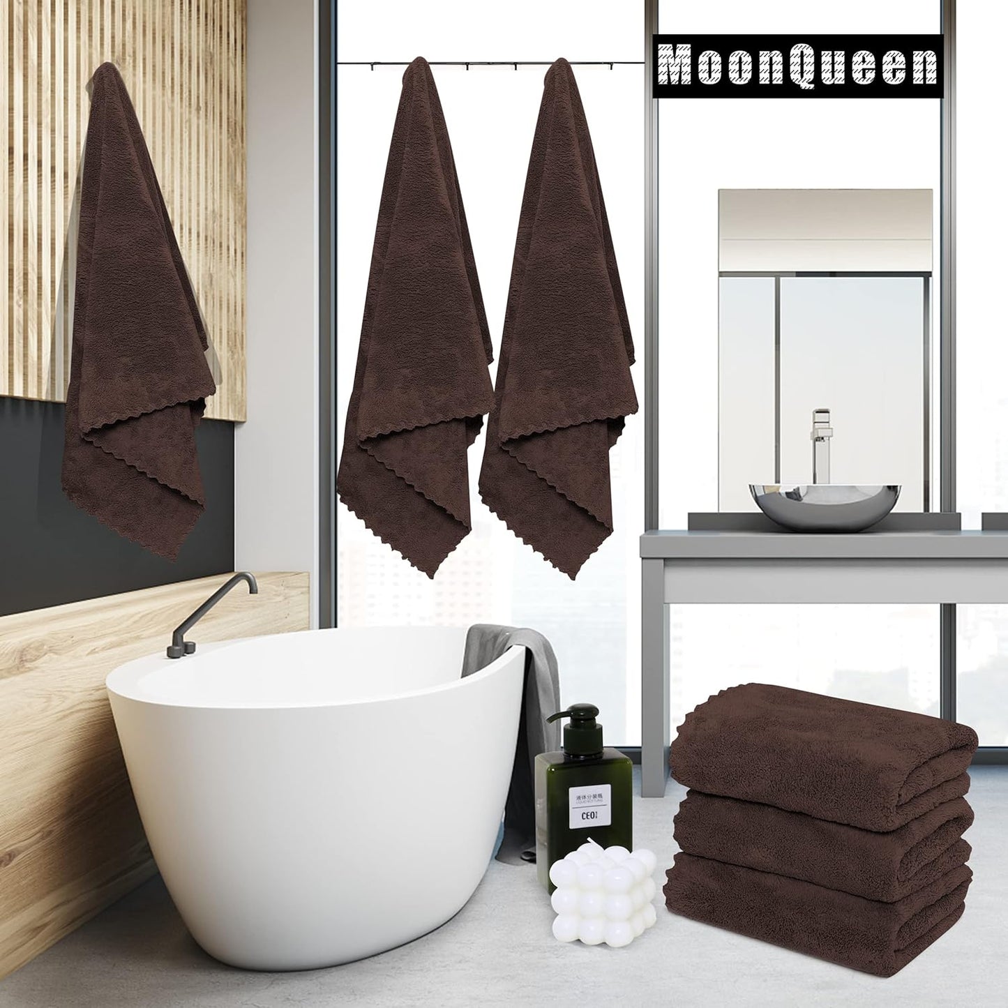 MOONQUEEN 2 Pack Premium Bath Towel Set - Quick Drying - Microfiber Coral Velvet Highly Absorbent Towels - Multipurpose Use as Bath Fitness, Bathroom, Shower, Sports, Yoga Towel (Wood Brown)