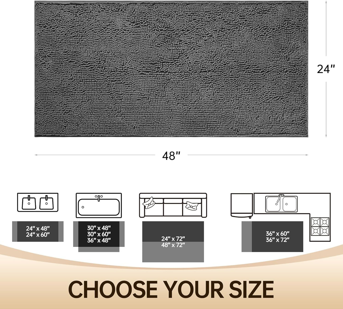 Amyracel Bathroom Rug Mat 24x48, Thick Soft Quick Dry Absorbent Chenille Bath Rug, Rubber Back Non Slip Machine Washable Bath Mat for Bathroom Shower Tub Floor