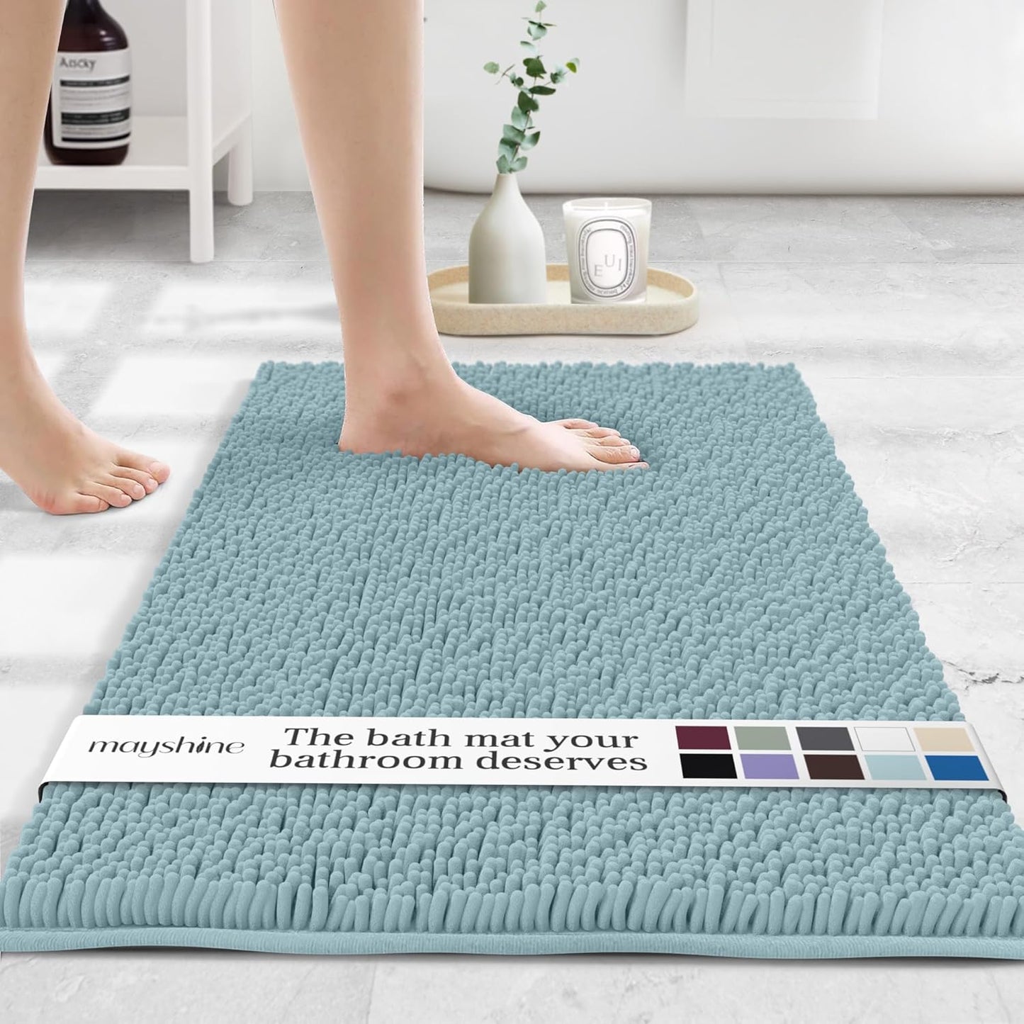 MAYSHINE Plush Shaggy Chenille Bath Mat | Extra Soft, Super Absorbent, Non-Slip Bathroom Rug | Fluffy Microfiber, Area Rug Sets for Bathroom Floor, Kitchen, Living Room | 32"x20" | Spa Blue