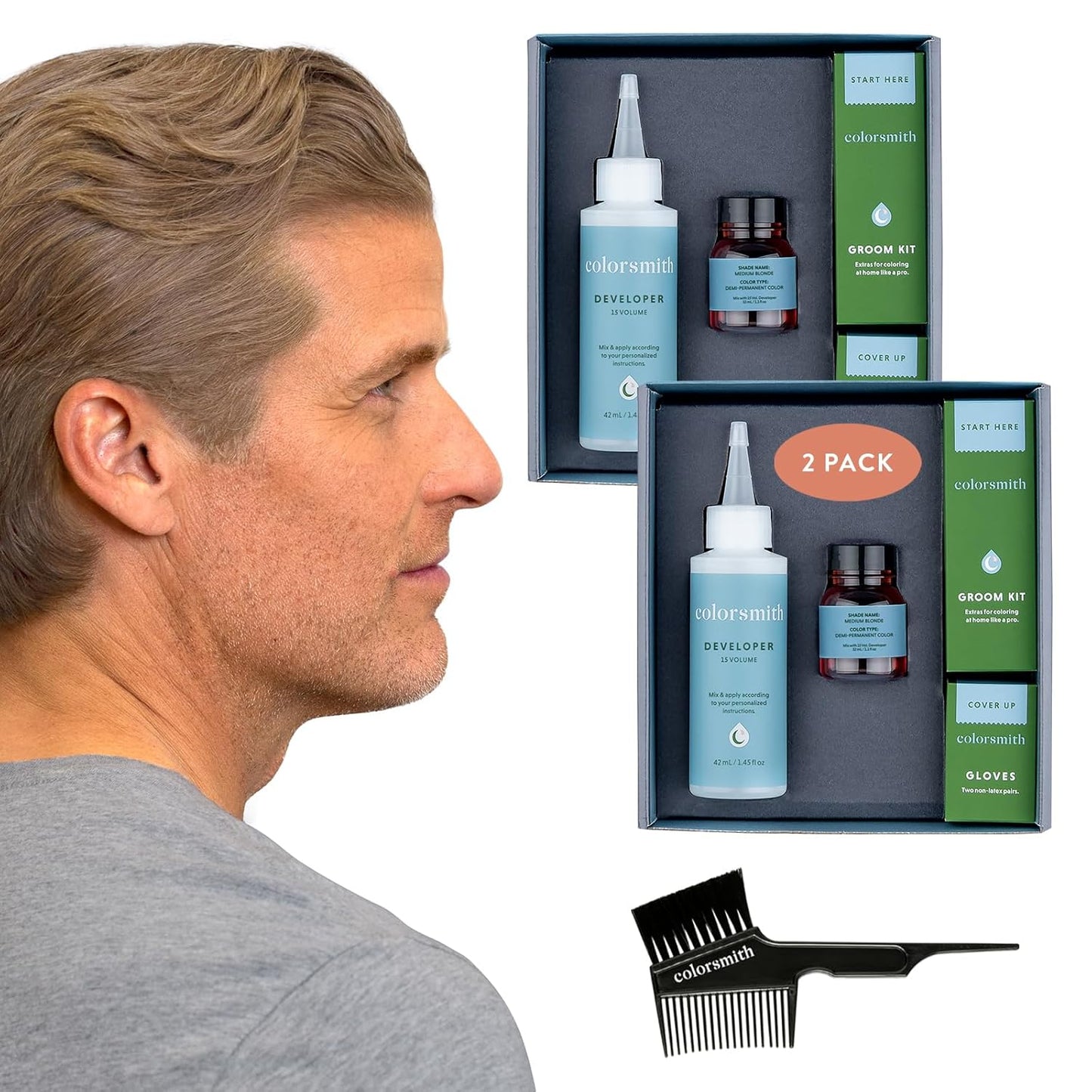 Hair & Beard Color for Blending Grays 2 pack - Medium Blonde - Ammonia-Free Complete Men’s At-home Beard & Hair Dye Kit, Professional-grade Demi-Permanent Hair Color (8.0)