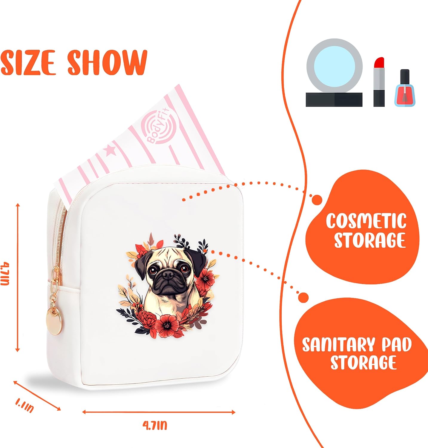 Pug Mini Makeup Bag, Pug Gift For Women Girls, Cute Portable Zipper Pouch Cosmetic Bag For Teen Girls Kids, Small Storage Bag For Sanitary Pad, Period napkin bag!