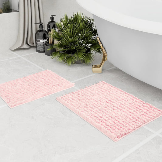 Walensee Bathroom Rug 2 Pieces Set Non Slip Bath Mat (17x24 Plus 20x32 Inch Blush) Water Absorbent Super Soft Shaggy Chenille Machine Washable Dry Extra Thick Perfect Carpet for Shower Floor