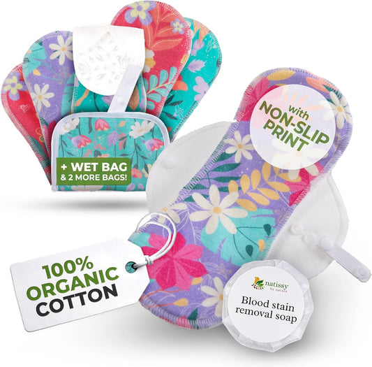 Non-Slip, (Premium) Reusable Menstrual Pads for Light Flow (6 Pack S+M) - Leak Proof & Odor Free Cotton Cloth Pads for Women & Teens - High-Temp Washable, Soft & Skin-Safe for All-Day Period Comfort