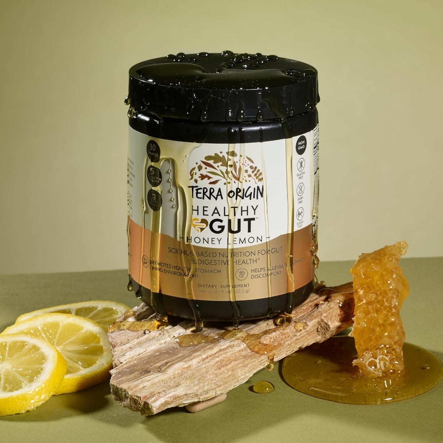 TERRA ORIGIN Healthy Gut Powder (Honey Lemon) | 30-Servings with L-Glutamine, Zinc, Glucosamine, Slippery Elm Bark and More!