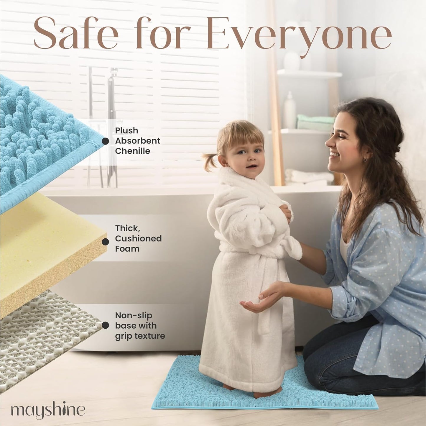 MAYSHINE Plush Shaggy Chenille Bath Mat | Extra Soft, Super Absorbent, Non-Slip Bathroom Rug | Fluffy Microfiber, Area Rug Sets for Bathroom Floor, Kitchen, Living Room | 39"x24" | Spa Blue